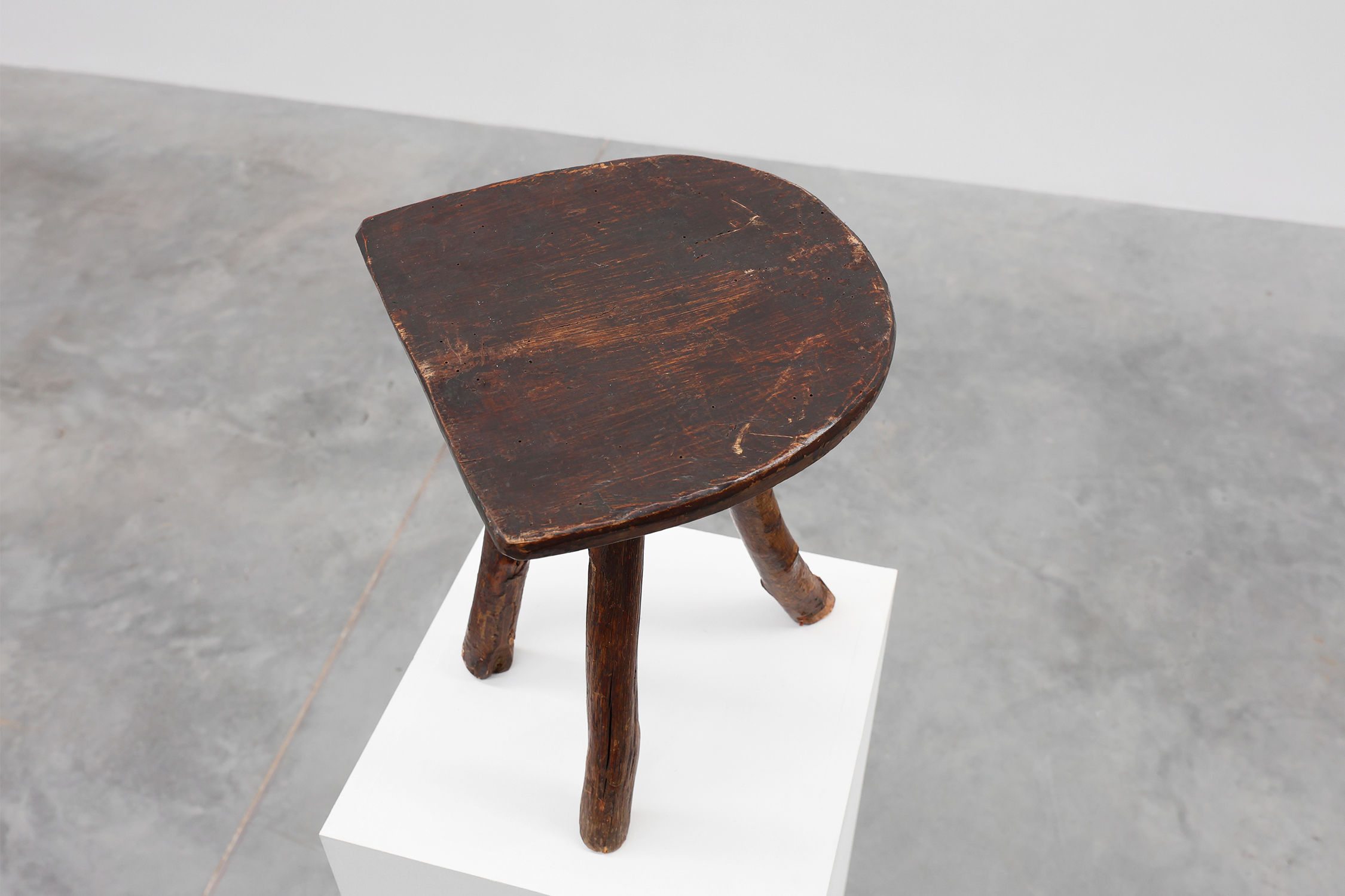 French wabi sabi style low tripod stool in solid wood, 1850sthumbnail